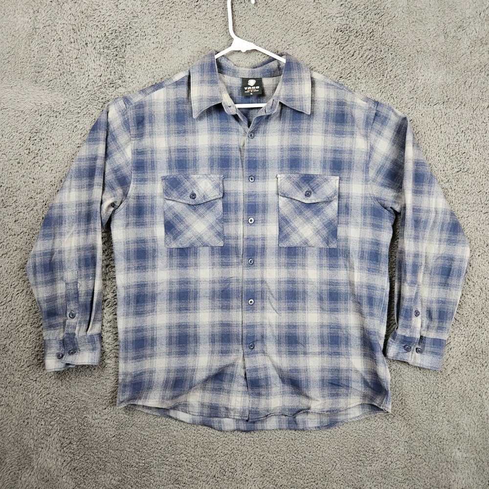 Yago Mens XL Blue Gray Plaid Long Sleeve Button Down Flannel Shirt